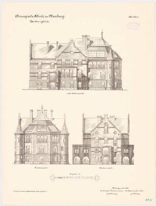 Chirurgische Klinik der Philipps-Universität Marburg: Operationsgebäude: Aufriss Vorderansicht, Rückansicht, Seitenansicht 1:100
