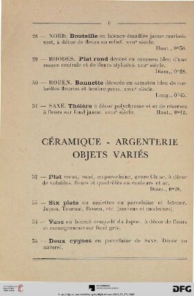 Céramique – Argenterie: Objets variés (Nr. 32-57)