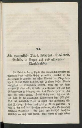 XI. Die maurerische Trias, Weisheit, Schönheit, Stärke, in Bezug auf das allgemeine Menschenleben.