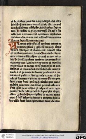 Attende quid commientur (!) dominus contra ornatum superfluum per prophetam pro eo quod elevate sunt filie Syon...
