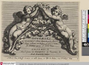 Diverses Figures [Zwei Amoretten halten einen Blätterkranz; Deux Amours soutiennent une couronne]