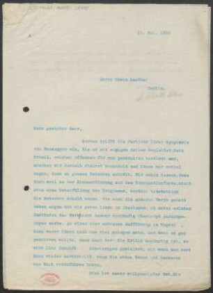Brief an Erwin Lendvai : 11.05.1910