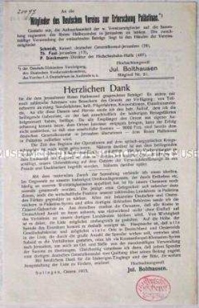 Rundschreiben des Reiseunternehmers Julius Bolthausen mit Dank für die dem Jerusalemer Roten Halbmond gespendeten Beiträge mit rückseitige "Gabenliste"