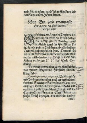 Das Ein und zwanzigste Stück/ vom der Christlichen Begrebnus.