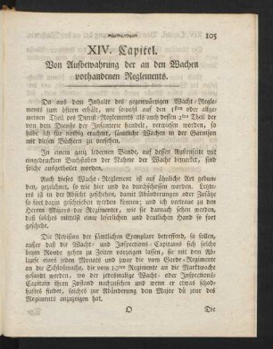 XIV. Capitel. Von Aufbewahrung der an den Wachen vorhandenen Reglements.