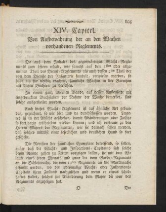XIV. Capitel. Von Aufbewahrung der an den Wachen vorhandenen Reglements.