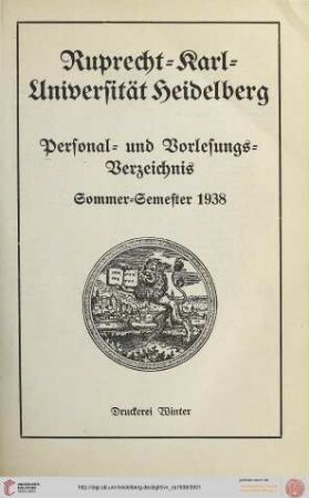 Personal- und Vorlesungsverzeichnis: Personal- und Vorlesungs-Verzeichnis Sommersemester 1938