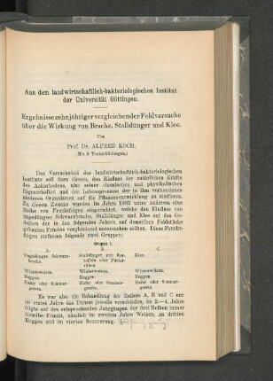 Ergebnisse zehnjähriger vergleichender Feldversuche über die Wirkung von Brache, Stalldünger und Klee.