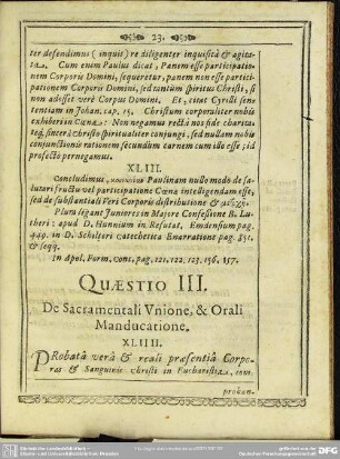 Quaestio III. De Sacramentali Unione, & Orali Manducatione