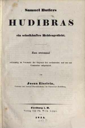 Samuel Butlers Hudibras : ein schalkhaftes Heldengedicht