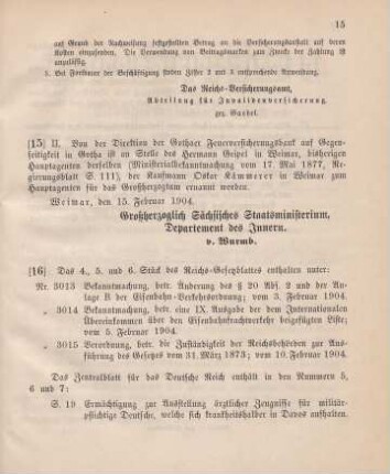 15. Ministerialbekanntmachung, betreffend Wechsel in der Hauptagentur der Gothaer Feuerversicherungsbank auf Gegenseitigkeit in Gotha