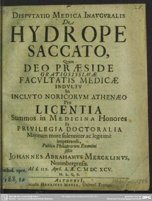 Disputatio medica inauguralis de hydrope saccato