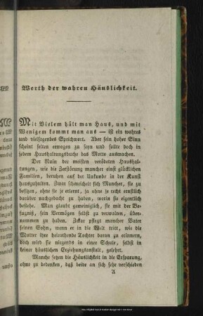Werth der wahren Häuslichkeit