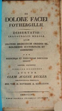 De dolore faciei Fothergillii : Diss. inaug. med.