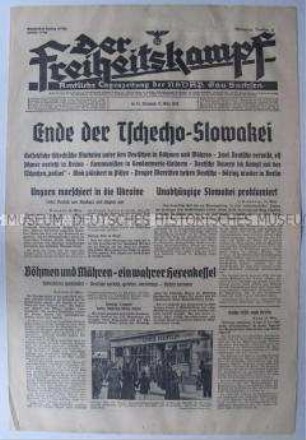 Tageszeitung der NSDAP für den Gau Sachsen "Der Freiheitskampf" u.a. zur Zerschlagung der Tschechoslowakei