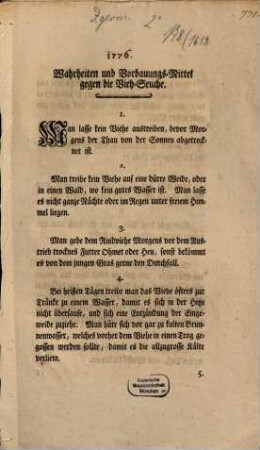 1776. Wahrheiten und Vorbauungs-Mittel gegen die Vieh-Seuche