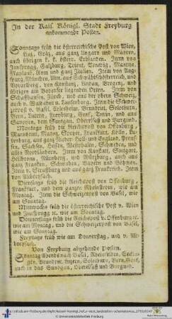 In der Kais. Königl. Stadt Freyburg ankommende Posten.