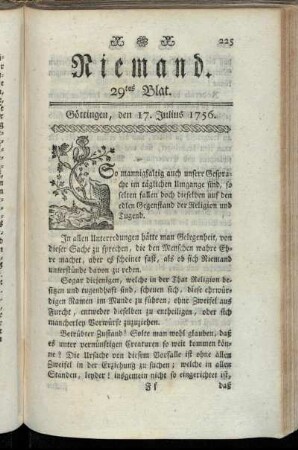 29tes Blat. Göttingen, den 17. Julius 1756.