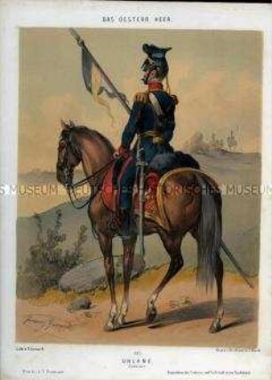 Uniformdarstellung, Gemeiner des Ulanen-Regiments mit Lanzenflagge zu Pferd, Österreich, 1848/1854. Tafel 132 aus: Gerasch: Das Oesterreichische Heer.