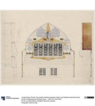 Darmstadt, Dreihäusergruppe, Aufriss und Seitenansicht des Erkers an der Westfassade des Blauen Hauses