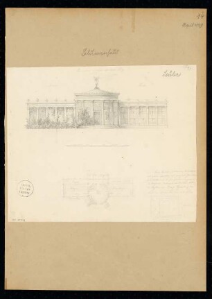Blumenhaus Monatskonkurrenz April 1829: Grundrissskizze, Aufriss Schauseite, Detail des Fensters, Text; Maßstabsleiste