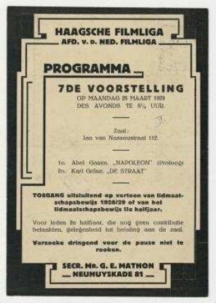 Einladungskarte (Postkarte) der Haagschen Filmliga an Hannah Höch. 's-Gravenhage
