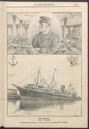 [Vista de] "El Imperial", nuevo vapor de la Compañía Sud-Americana, [y retrato de su capitán Mr. Stewart]. : (De fotografía de P. Bacigalupi.)