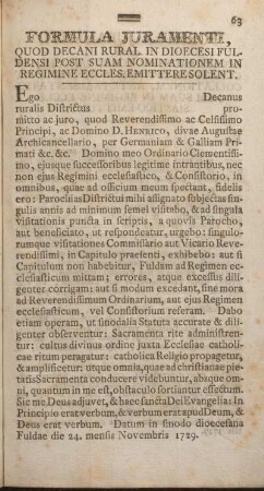 Formula juramenti, quod decani rural in dioecesi fuldensi post suam ...