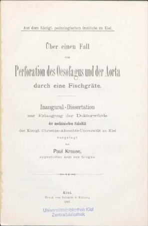Über einen Fall von Perforation des Oesofagus und der Aorta durch eine Fischgräte