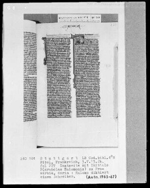 Lateinische Taschenbibel — Initiale P (arabolae), darin diktiert Salomon einem Schreiber, Folio 227recto