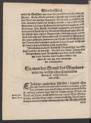 Wie man den Grund des Glaubens wider den verführischen Calvinischen Antichrist/ beschirmen sol und müsse.