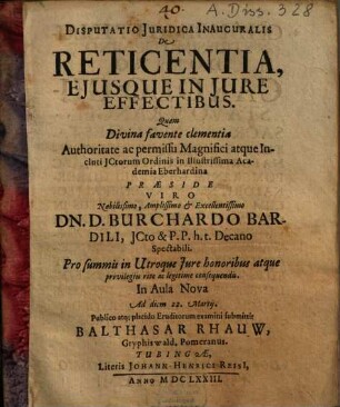 Disputatio Iuridica Inauguralis de reticentia eiusque in iure effectibus