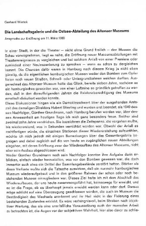 Die Landschaftsgalerie und die Ostsee-Abteilung des Altonaer Museums : Ansprache zur Eröffnung am 11. März 1969
