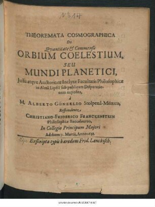 Theoremata Cosmographica De Quantitate & Commensu Orbium Coelestium, Seu Mundi Planetici