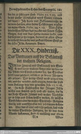 Die XXX. Hinderniß. Das Vertrauen auff die Bekäntniß der wahren Religion
