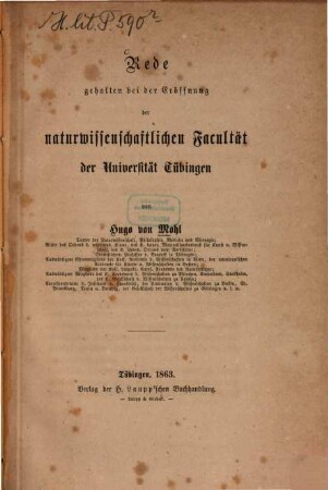Rede, gehalten bei der Eröffnung der naturwissenschaftlichen Facultät der Universität Tübingen