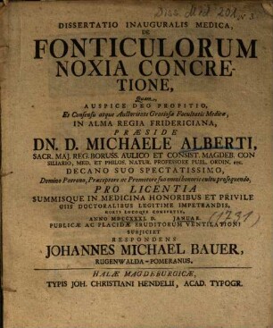 Dissertatio Inauguralis Medica, De Fonticulorum Noxia Concretione