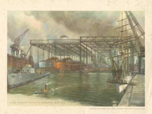 Darstellung einer Werft mit zwei im Bau befindlichen Linienschiffen, auf der Reede ein Segel- und ein Kriegsschiff