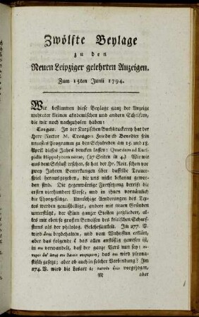 Zwölfte Beylage zu den Neuen Leipziger gelehrten Anzeigen. Zum 15ten Junii 1794.