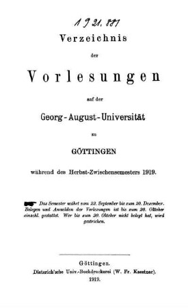 HS 1919: Verzeichnis der Vorlesungen