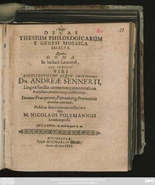Decas Thesium Philologicarum E Genesi Mosaica Selecta