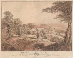 Ansicht der Burg Hohnstein bei Stolpen, kolor. Umrissradierung, um 1800 : Schloß Hohnstein bey Stolpen : dem Herrn George Heinrich von Carlowitz ... Gewiedmet von ... C. G. Schultze / nach der Natur gezeichnet von J. F. Wizani. Gefertiget C. A. Wizani. - Dresden : Schultze , [um 1800]. - 1 Kunstbl. : kolor. Umrißradierung ; 52 x 37 cm