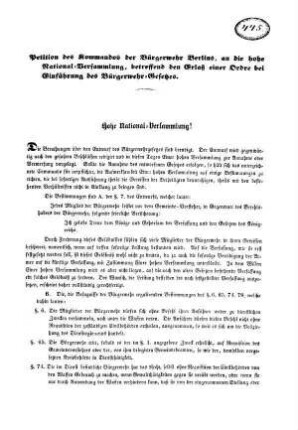 Petition des Kommandos der Bürgerwehr Berlins, an die hohe National=Versammlung, [...]