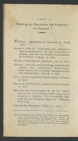 Nachtrag zur Geschichte und Litteratur, der Pharmazie