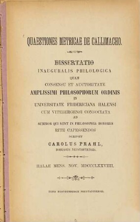 Quaestiones metricae de Callimacho : (Hallenser Doctordiss.)