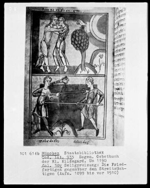 Sogenanntes Gebetbuch der heiligen Hildegard — Seligpreisung, die Friedfertigen gegenüber den Streitsüchtigen, Folio 38verso