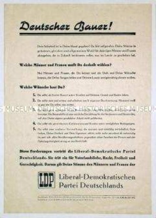 Aufruf der LDPD an die Bauern, zu den Gemeindewahlen 1946 ihre Kandidaten zu wählen, mit dem Versprechen der Interessenvertretung der Landbevölkerung durch die Partei