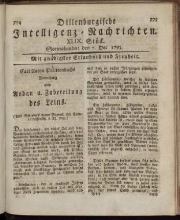 XLIX. Stück. Sonnabends: den 7. Dec. 1793.