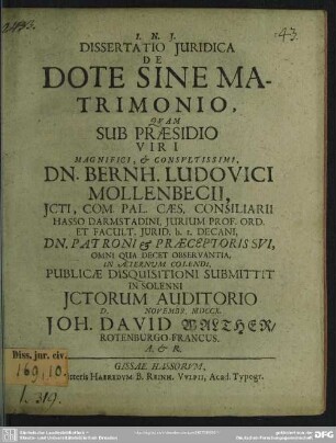 Dissertatio Iuridica De Dote Sine Matrimonio
