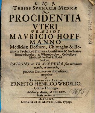 Theses Svmmariae Medicae, De Procidentia Vteri